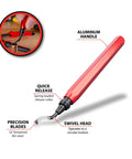 Versatile Pipe Reamer And Deburring Tool For Metal PVC And Conduit With Swivel Head And Quick Release Blade Change For Precise Burr Removal Performance Tool showing red handle, swivel head, and blade details