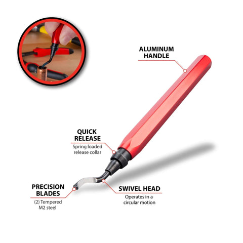 Versatile Pipe Reamer And Deburring Tool For Metal PVC And Conduit With Swivel Head And Quick Release Blade Change For Precise Burr Removal Performance Tool showing red handle, swivel head, and blade details