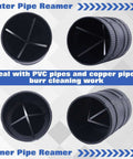 Pro Grade All Purpose Pipe Reamer And Deburring Tool For Copper Aluminum PVC And PPR Pipes Fits Outer Diameter From One Quarter Inch To One And Five Eighths Inches Inner And Outer Deburring Plumbing Cleaner, close-up view of inner and outer pipe reamers with blades, designed for PVC and copper pipes.