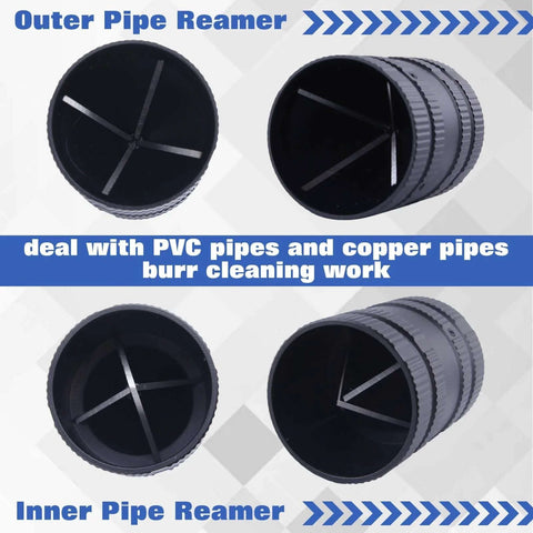 Pro Grade All Purpose Pipe Reamer And Deburring Tool For Copper Aluminum PVC And PPR Pipes Fits Outer Diameter From One Quarter Inch To One And Five Eighths Inches Inner And Outer Deburring Plumbing Cleaner, close-up view of inner and outer pipe reamers with blades, designed for PVC and copper pipes.