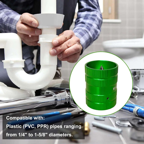 Pro Grade Professional Pipe Reamer And Deburring Tool Dual Sided Chamfer for 1/4 to 1-5/8 inch pipes shown in use with PVC pipe