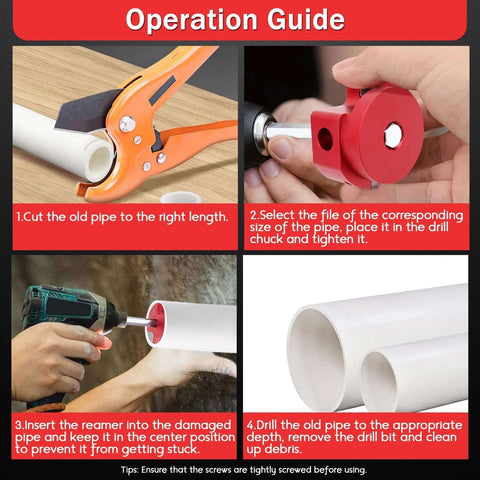 Operation guide showing steps to use One And A Half Inch Plastic Pipe Reamer With 2 Carbide Square Blades for PVC CPVC and ABS pipes.