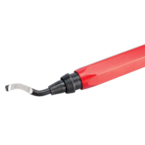 Versatile Pipe Reamer And Deburring Tool For Metal PVC And Conduit With Swivel Head and Quick Release Blade Change, close-up view