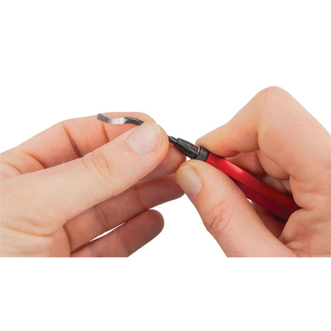Hands using Versatile Pipe Reamer And Deburring Tool For Metal PVC And Conduit With Swivel Head And Quick Release Blade Change