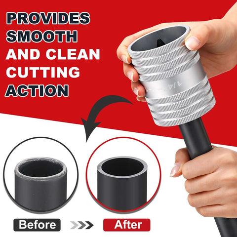 Hands using Pro Grade Pipe Reamer Tool For 1/4 To 2 1/8 Inch Tubing With Dual Inner Outer Reamers demonstrating smooth clean cutting on pipe.