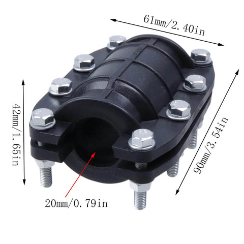 Pipe Repair Clamp Leak Sealer Emergency Water Pipe Repair Kit For PE PVC Steel And Iron Pipes 4 To 5 Inch Outer Diameter Fits Most Home Plumbing Includes 15mm Tape Roll Six Meters For Quick Fixes, showing 20mm black clamp with dimensions.