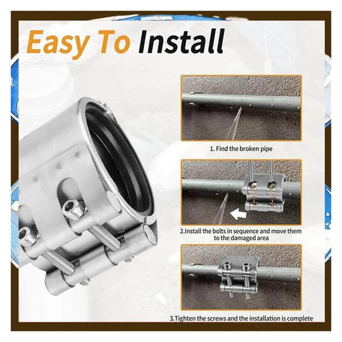 Emergency Pipe Repair Clamp Kit For Plastic And Metal Pipes Easy Install Leak Sealer Durable Heavy Duty DIY Friendly Quick Leak Stop Solution Silver shown installed on pipe