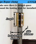 Water Pipe Repair Clamp For 0.79 To 0.86 Inch Pipes 4 Inch Long Leak Sealer installed on pipe showing measurements.
