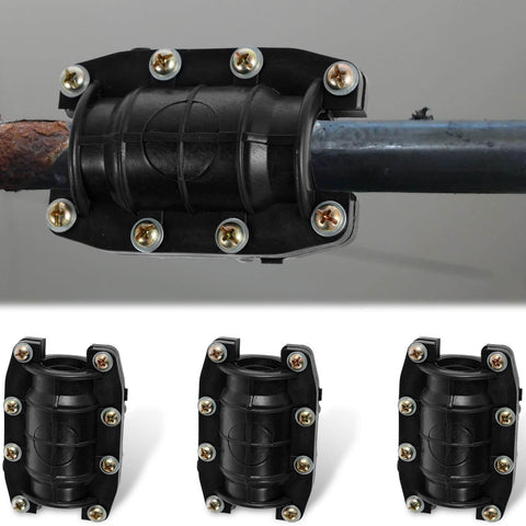 Three Piece Pipe Repair Clamp Kit For Leaks And Burst Water Pipes No Fuss Anti Impact Emergency Fix Clamp Set on black pipe