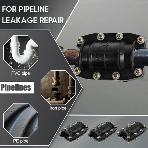 Three Piece Pipe Repair Clamp Kit For Leaks And Burst Water Pipes installed on a metal pipe