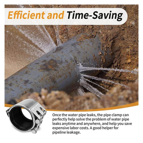 Emergency Pipe Repair Clamp Kit For Plastic And Metal Pipes Easy Install Leak Sealer Durable Heavy Duty DIY Friendly Quick Leak Stop Solution Silver shown in use on a pipe.