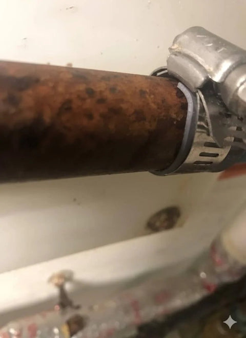 Close-up view of a rusty pipe with a stainless steel clamp from Pipe Leak Repair Kit With 6 Patches And Stainless Steel Clamps, No Water Shut Off Needed.