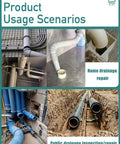 Various drainage scenarios showing pipes in residential and public settings for inflatable pipe plug applications.