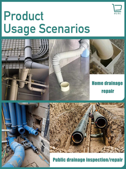 Various drainage scenarios showing pipes in residential and public settings for inflatable pipe plug applications.