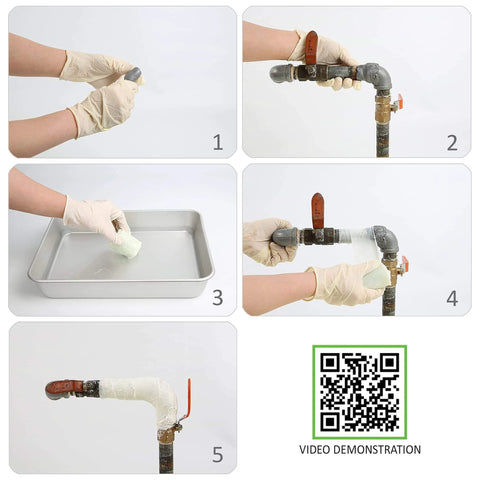 DIY Pipe Repair Kit With Fiberglass Wrap For Leaks And Plumbing Underwater Ready Permanent Fix With Epoxy Type When No Water Rubber Type For Live Leaks Works On PVC And ABS Pipes Quick Home Or Emergency Repair, showing demonstration of repair process with gloves and pipes.