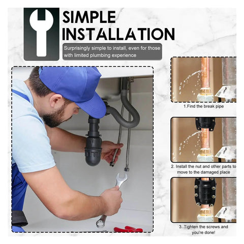 Man installing Three Piece Pipe Repair Clamp Kit For Water Leaks, Anti Impact Emergency Pipe Fix For Burst Or Punctured Plastic And Metal Pipes, Heavy Duty Leak Repair Clamp Set, 32mm Size.