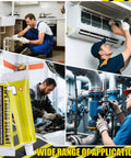 Collage showing Soft Set Pipe Thread Sealant for leak proof plumbing and HVAC installations used by workers in various settings.