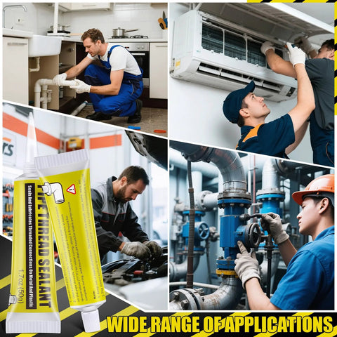 Collage showing Soft Set Pipe Thread Sealant for leak proof plumbing and HVAC installations used by workers in various settings.