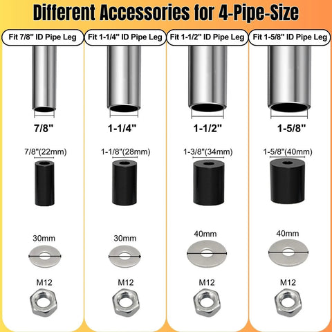 Different accessories for 4-pipe sizes showing compatible tube legs and components for expanding stem caster wheels.