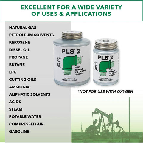 Premium Pipe Thread And Gasket Sealer for industrial heavy duty high pressure applications with product details and oil field background.