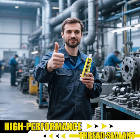 Man in blue overalls holding Threlaco Soft Set Pipe Thread Sealant For Leak Proof Plumbing And HVAC Installations in workshop