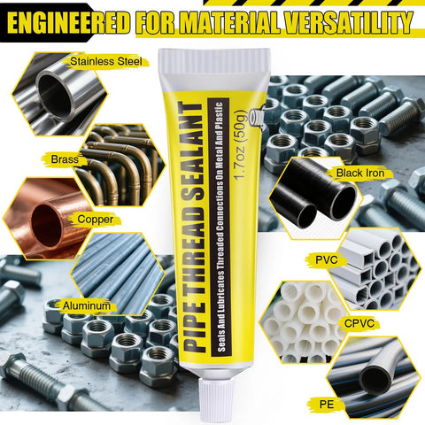 Soft Set Pipe Thread Sealant For Leak Proof Plumbing And HVAC Installations with tube and material versatility shown.