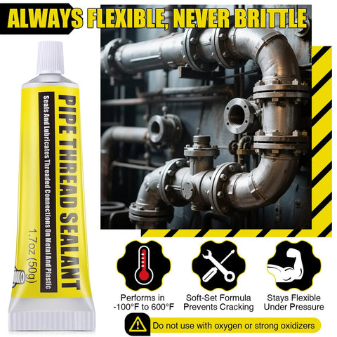 Soft Set Pipe Thread Sealant for leak-proof plumbing and HVAC installations with 2 brushes, non-hardening paste, 1-3/4 oz tube shown.