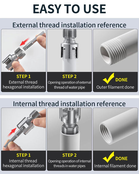 Installation guide for Dual Function Pipe Threading Tool Set For PVC Pipes Half Inch Three Quarter Inch One Inch Internal And External Threads.