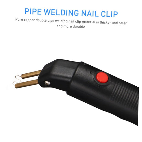 Close-up of DIY Friendly Car Bumper Repair Kit with compact hot plastic welder featuring double pipe welding nail clip and red button.