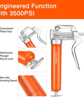 Mini Grease Gun Kit 3500 PSI with flexible hose, pistol grip, reinforced construction, designed for automotive, marine, industrial use.