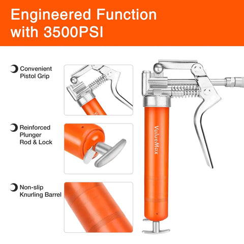 Mini Grease Gun Kit 3500 PSI with flexible hose, pistol grip, reinforced construction, designed for automotive, marine, industrial use.
