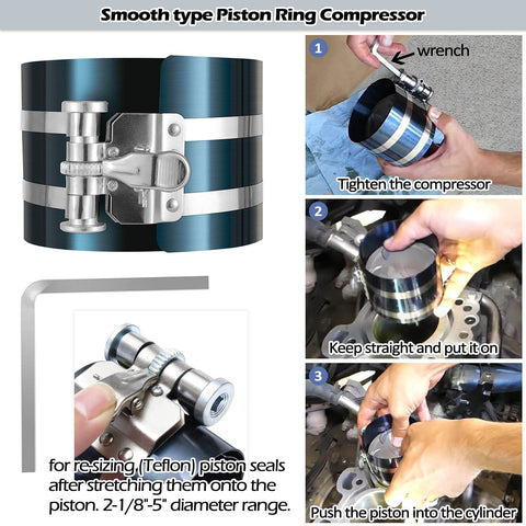 Heavy Duty 17 Piece Hydraulic Cylinder Repair Tool Kit For Skid Steers, Loaders, Backhoes, And Tractors With Gland Spanner Wrench, U Seal Installer, Seal Puller, And Piston Ring Compressor in use, showing piston ring compressor steps.