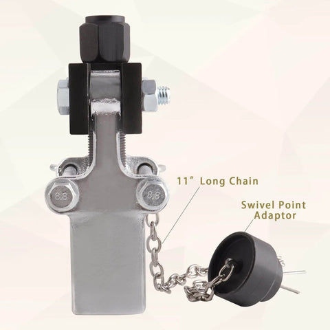 Beefed Up Pitman Arm Puller With Adjustable Jaws for cars and light trucks showing 11-inch chain and swivel point adaptor