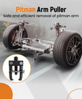 Heavy Duty Pitman Arm Puller For Three Quarter Ton Cars And Light Trucks, Adjustable Two Jaw Bearing Removal Tool, shown with car suspension and tires