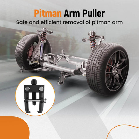 Heavy Duty Pitman Arm Puller For Three Quarter Ton Cars And Light Trucks, Adjustable Two Jaw Bearing Removal Tool, shown with car suspension and tires
