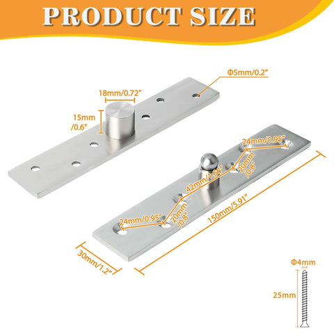 Product size diagram of 6 Inch Pivot Door Hinges with 360 Degree Rotation, Heavy Duty Stainless Steel, Brushed Finish, 2 Pack.