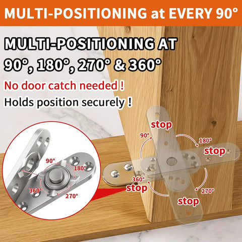 Diagram of heavy duty pivot hinge with multi-positioning angles labeled, demonstrates concealed door hardware securing positions at 90°, 180°, 270°, 360°.