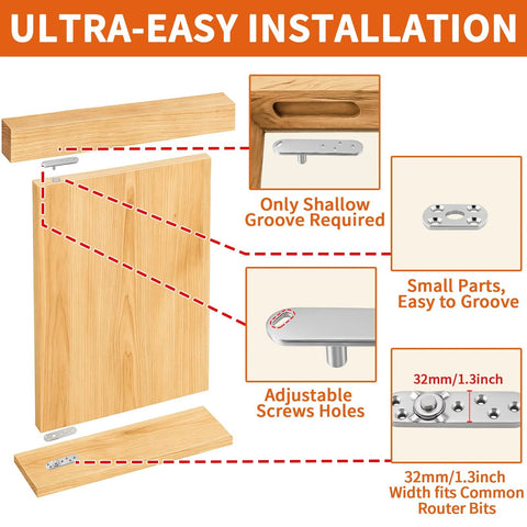 Ultra-easy installation of Heavy Duty Pivot Hinge With Hold Open For Concealed Doors, showing shallow groove and adjustable screw holes.