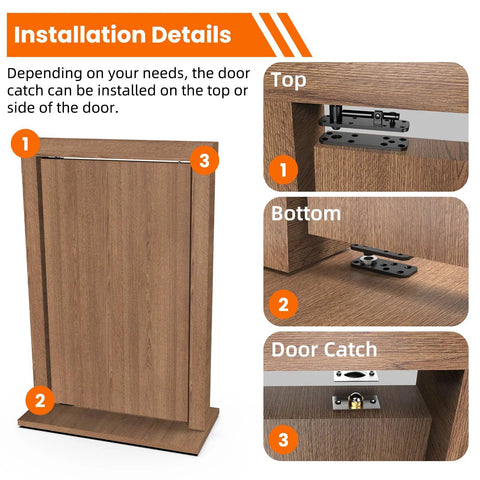 Installation details for Premium Beefy Heavy Duty Hidden Door Pivot Hinge Kit for Secret Bookcase Doors with top and bottom views.
