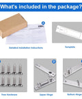 Heavy Duty Pivot Hinge For Wood Doors With Stainless Steel Hidden Door Hardware package contents showing instructions, template, screws, and hinges.
