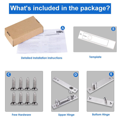 Heavy Duty Pivot Hinge For Wood Doors With Stainless Steel Hidden Door Hardware package contents showing instructions, template, screws, and hinges.