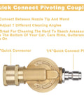 Image of a brass pivoting coupler for pressure washer gutter cleaner, 240 degree rotation, one quarter inch quick connect compatible.