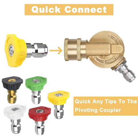 Pivoting Coupler For Pressure Washer Gutter Cleaner 240 Degree Rotation Seven Angles One Quarter Inch Quick Connect Compatible With Up To 4500 PSI Power Washers Beast Mode Ready with multiple nozzle attachments, highlighting quick-connect feature.