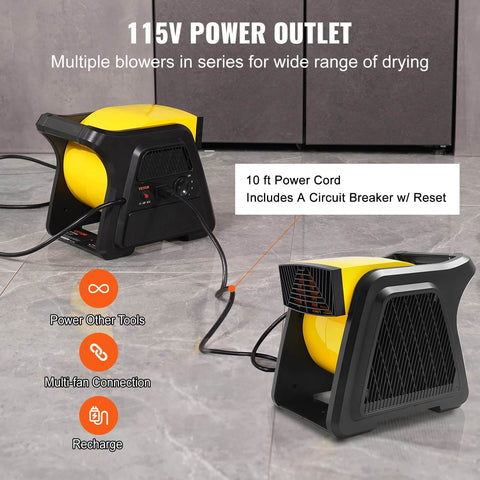 Pivoting Utility Fan 600 CFM High Velocity Floor Blower for Drying Cooling Ventilation and Exhaust, 10 ft power cord, 115V outlet shown