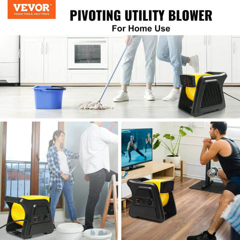 Pivoting Utility Fan 600 CFM High Velocity Floor Blower showing indoor use for drying and cooling in various home settings.