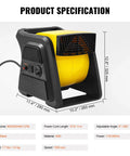 Black and yellow Pivoting Utility Fan 600 CFM High Velocity Floor Blower with 300° pivot, side view with dimensions shown.