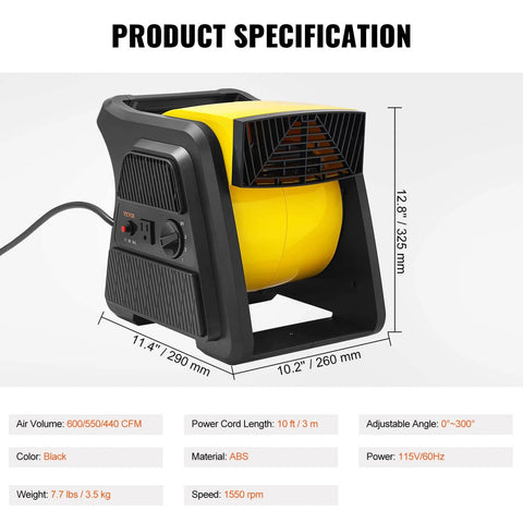 Black and yellow Pivoting Utility Fan 600 CFM High Velocity Floor Blower with 300° pivot, side view with dimensions shown.