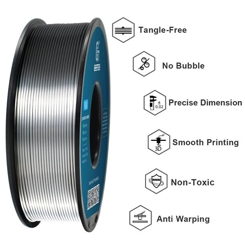 Filamento PLA in seta da 1,75 mm per 3D , argento metallizzato lucido, bobina da 1 kg con Tolerance dimensionale di 0,02 mm Tolerance i vantaggi