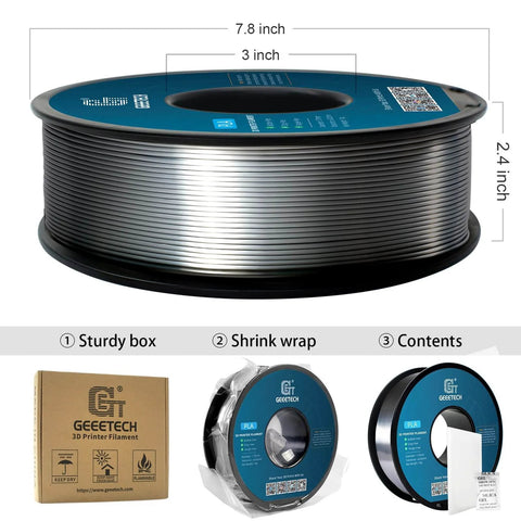 Filamento PLA Silk da 1,75 mm per 3D , argento metallizzato lucido, bobina da 1 kg con Tolerance dimensionale di 0,02 mm; confezione mostrata