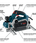 Efficient Three And A Quarter Inch Planer Kit Delivers Precise Stock Removal With A Powerful Six Point Five Amp Motor And Sixteen Thousand Five Hundred RPM Featuring A Dual Mount Guide Fence And Woodrazor Blades To Create Smooth Straight Edges On Doors shown in diagram with features labeled